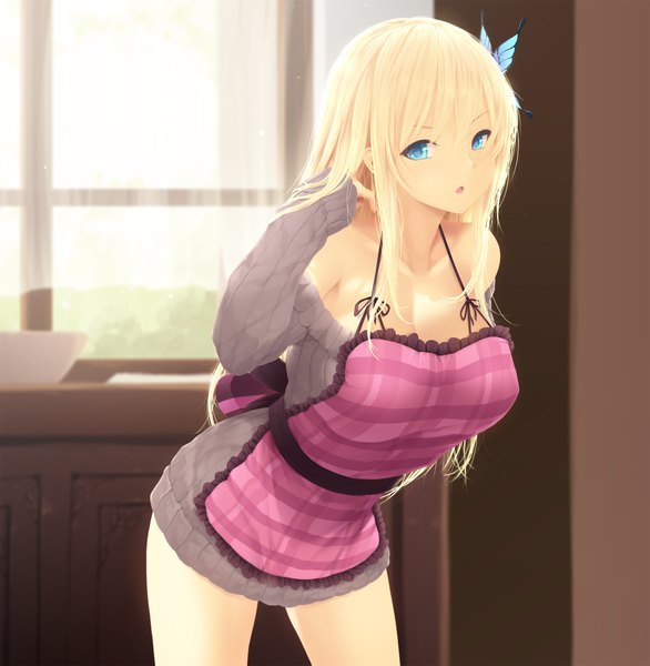 Anime picture 1920x1967 with boku wa tomodachi ga sukunai kashiwazaki sena cait single long hair tall image looking at viewer fringe highres breasts open mouth blue eyes light erotic blonde hair hair between eyes large breasts standing bare shoulders payot cleavage