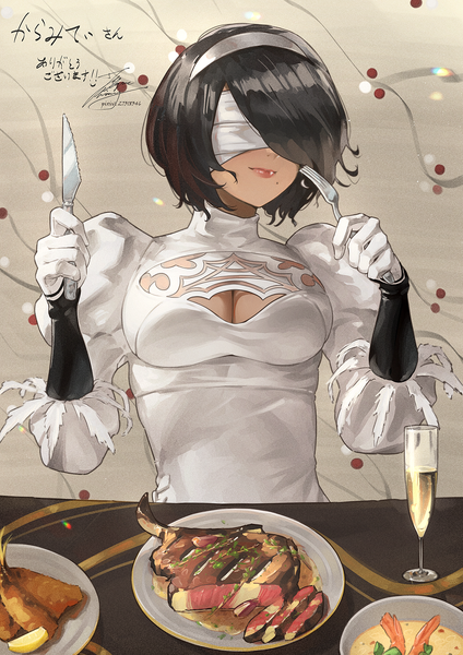 Anime picture 1061x1500 with nier nier:automata yorha no. 2 type b yorha no. 2 type p fadingz single tall image fringe short hair light erotic black hair smile holding signed cleavage upper body long sleeves hair over one eye mole arms up
