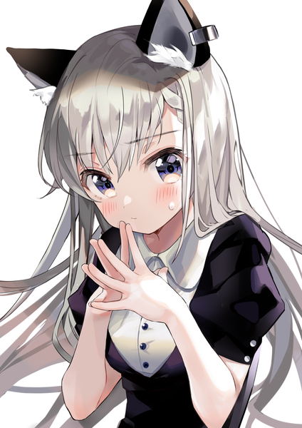 Anime picture 1013x1433 with idolmaster idolmaster cinderella girls idolmaster cinderella girls starlight stage hisakawa hayate kanda done single long hair tall image looking at viewer blush blue eyes simple background white background animal ears silver hair upper body puffy sleeves sweatdrop kemonomimi mode fingers together