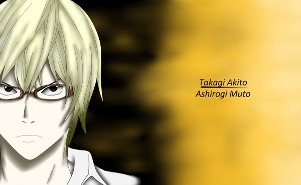 Anime picture 3032x1872 with bakuman. j.c. staff akito takagi single highres simple background blonde hair wide image brown eyes boy shirt glasses