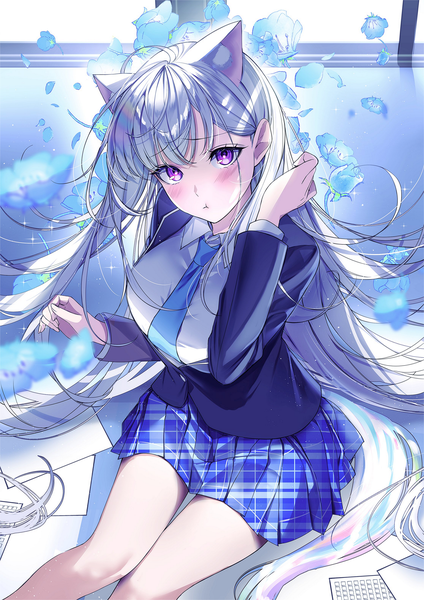 Anime picture 2232x3157 with virtual youtuber stellive ayatsuno yuni ggatip single tall image looking at viewer blush fringe highres purple eyes silver hair ahoge indoors long sleeves very long hair pleated skirt arm up from above thigh gap