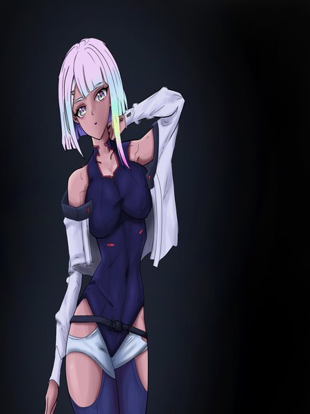 Anime picture 1080x1440 with cyberpunk edgerunners studio trigger lucy (cyberpunk) rainbow d fox single tall image looking at viewer fringe short hair breasts light erotic simple background standing white hair blunt bangs long sleeves head tilt arm up off shoulder open jacket