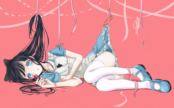 Anime picture 2044x1276 with original shikou shig single long hair looking at viewer blush highres black hair wide image lying aqua eyes on side girl thighhighs dress ribbon (ribbons) white thighhighs food shoes frills