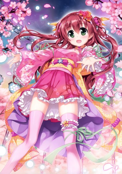 Anime picture 2460x3486 with fujima takuya single long hair tall image looking at viewer highres green eyes red hair hair flower scan official art girl thighhighs dress flower (flowers) ribbon (ribbons) petals frills