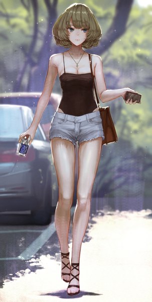 Anime picture 606x1200 with idolmaster idolmaster cinderella girls takagaki kaede kaoming single tall image short hair breasts blue eyes brown hair bare shoulders holding looking away cleavage full body outdoors blurry mole bare legs shadow