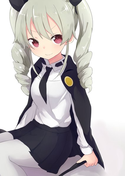 Anime picture 1000x1412 with girls und panzer anchovy (girls und panzer) ichijou (kr neru0) single long hair tall image looking at viewer blush fringe simple background smile red eyes white background sitting twintails grey hair drill hair girl pantyhose cape