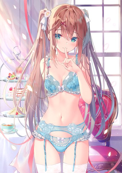 Anime picture 2093x2952 with original miwabe sakura single long hair tall image looking at viewer blush fringe highres light erotic hair between eyes brown hair standing twintails bare shoulders payot indoors hair flower aqua eyes light smile