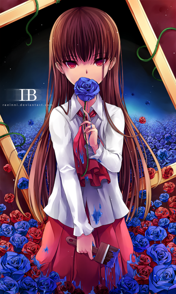 Anime picture 600x1001 with ib (game) ib (ib) raeinni single long hair tall image looking at viewer red eyes brown hair standing holding girl skirt flower (flowers) shirt petals white shirt rose (roses) blue rose paintbrush