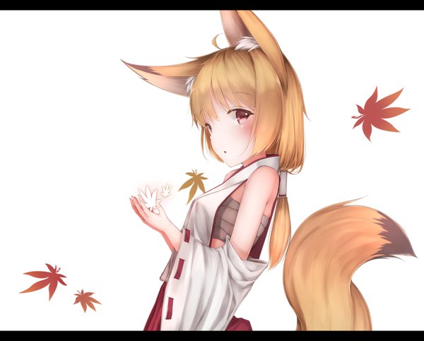 Anime picture 1860x1500 with original waterdog single long hair looking at viewer blush fringe highres simple background blonde hair standing white background bare shoulders animal ears ahoge tail long sleeves traditional clothes japanese clothes animal tail