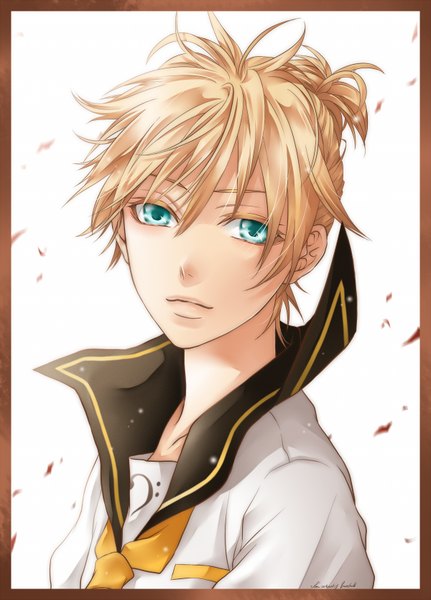 Anime picture 1200x1668 with vocaloid kagamine len hakuseki single tall image looking at viewer short hair simple background blonde hair white background upper body aqua eyes border sailor collar boy petals