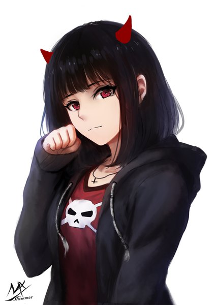 Anime picture 992x1402 with original shimmer single tall image looking at viewer fringe short hair black hair simple background red eyes white background signed blunt bangs long sleeves horn (horns) open jacket paw pose tsurime skull and crossbones skull print