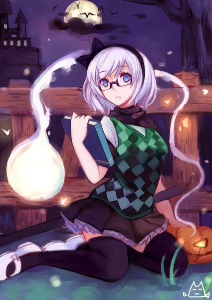 Anime picture 992x1402 with touhou konpaku youmu myon alvein6 single tall image fringe open mouth blue eyes sitting looking away sky silver hair cloud (clouds) pleated skirt night alternate costume glow girl thighhighs
