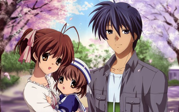 Anime picture 1680x1050 with clannad key (studio) furukawa nagisa okazaki ushio okazaki tomoya open mouth brown hair wide image brown eyes blue hair ahoge light smile cherry blossoms family girl boy bow plant (plants) hair bow hat