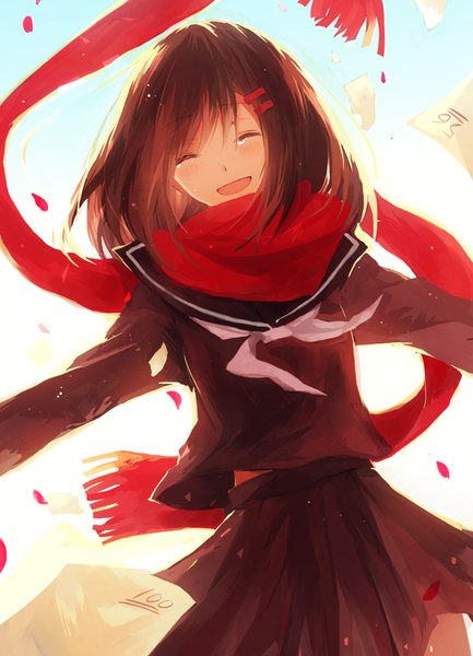 Anime picture 671x930 with kagerou project shaft (studio) ayano no koufuku riron (vocaloid) tateyama ayano yuuki sawano single long hair tall image blush fringe open mouth simple background brown hair sky eyes closed parted lips :d spread arms girl skirt