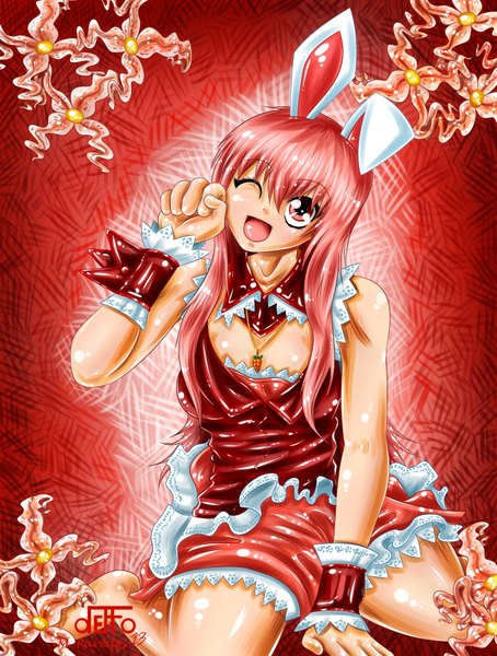 Anime picture 1400x1850 with original deffoneitor2000 single long hair tall image open mouth red eyes sitting bare shoulders red hair one eye closed wink bunny ears bunny girl bad proportions girl pendant