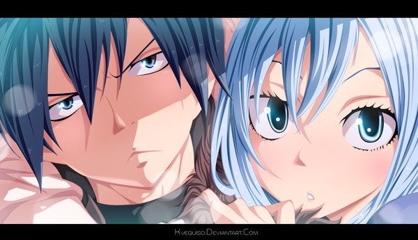Anime picture 1825x1050 with fairy tail gray fullbuster juvia lockser kvequiso long hair highres short hair blue eyes black hair wide image blue hair sunlight coloring close-up girl boy fur