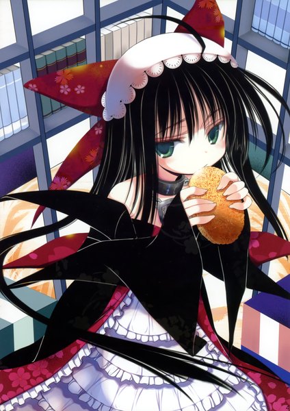 Anime picture 2134x3021 with original nagomi single long hair tall image blush highres black hair green eyes ahoge indoors long sleeves scan eating girl dress flower (flowers) ribbon (ribbons) food headdress