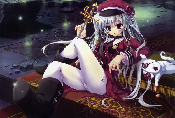 Anime picture 3611x2437 with izumi tsubasu single long hair looking at viewer blush highres blue eyes light erotic sitting absurdres silver hair legs girl weapon hat animal pantyhose sword boots cat