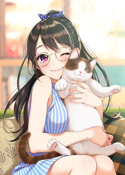 Anime picture 1036x1450 with original morikura en single long hair tall image looking at viewer blush fringe breasts black hair smile sitting purple eyes holding signed ponytail indoors one eye closed wink blurry