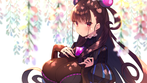 Anime picture 1920x1080 with fate (series) fate/grand order murasaki shikibu (fate) usamata single long hair looking at viewer blush fringe highres breasts light erotic red eyes brown hair wide image payot upper body blunt bangs hair bun (hair buns) two side up