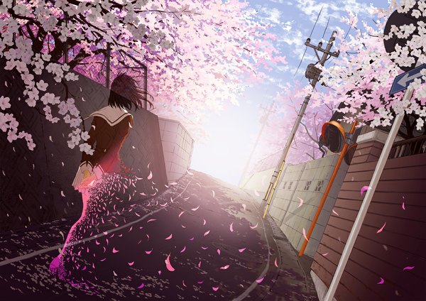 Anime picture 1100x778 with original goke shike (altamira05) single short hair brown hair sky cloud (clouds) sunlight cherry blossoms back hands behind back street dissolving girl uniform flower (flowers) plant (plants) school uniform petals tree (trees)