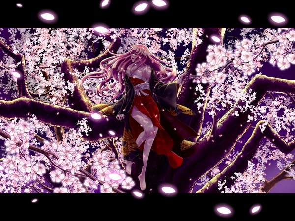 Anime picture 2048x1536 with vocaloid megurine luka komono2008 single long hair highres breasts blue eyes light erotic sitting looking away pink hair cleavage nail polish japanese clothes barefoot bare legs cherry blossoms letterboxed tree sitting
