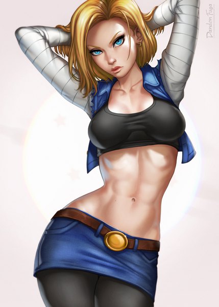 Anime picture 640x894 with dragon ball dragon ball z android 18 dandon fuga single tall image short hair breasts blue eyes light erotic blonde hair signed looking away cleavage realistic bare belly midriff watermark adjusting hair arms behind head