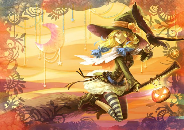 Anime picture 1132x800 with tagme (copyright) uroko (mnr) single long hair twintails nail polish multicolored hair orange eyes striped halloween witch girl ribbon (ribbons) earrings animal shoes bird (birds) star (symbol) moon witch hat