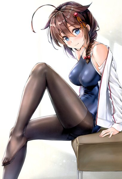 Anime picture 4761x6978 with kantai collection shigure destroyer kotatsu (kotatsu358) single long hair tall image looking at viewer blush fringe highres breasts blue eyes light erotic simple background hair between eyes brown hair large breasts sitting absurdres braid (braids)