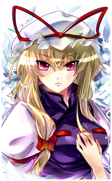 Anime picture 1000x1618 with touhou yakumo yukari initial f single long hair tall image looking at viewer blonde hair red eyes girl dress bow hair bow bonnet