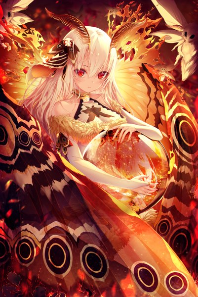 Anime picture 1071x1600 with original h2o (dfo) single long hair tall image looking at viewer blush fringe breasts hair between eyes red eyes bare shoulders holding cleavage white hair mole tattoo fur trim mole under eye transparent