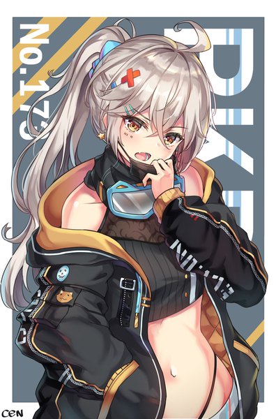 Anime picture 726x1100 with girls frontline pkp (girls frontline) cenangam single long hair tall image looking at viewer blush fringe open mouth light erotic simple background hair between eyes standing bare shoulders signed yellow eyes silver hair ahoge ponytail