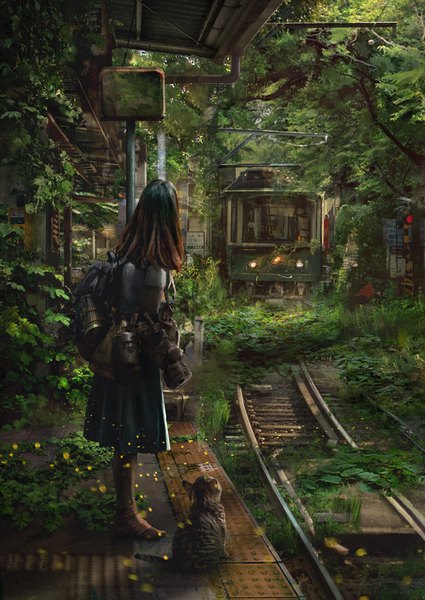 Anime picture 921x1300 with original eddie mendoza single long hair tall image brown hair standing full body outdoors realistic gradient hair nature overgrown girl skirt plant (plants) animal tree (trees) cat grass