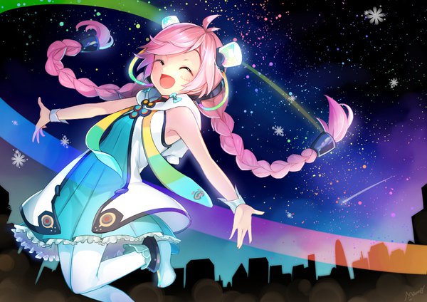 Anime picture 1000x707 with vocaloid rana (vocaloid) mamo (fortune-mm) single long hair open mouth signed pink hair ahoge bent knee (knees) braid (braids) eyes closed sleeveless twin braids spread arms ^ ^ ^o^ shooting star girl hair ornament