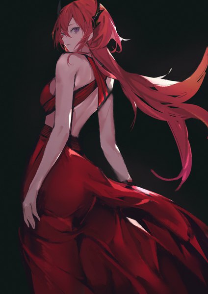 Anime picture 2000x2829 with arknights surtr (arknights) fanshu single long hair tall image looking at viewer fringe highres breasts simple background hair between eyes standing purple eyes bare shoulders red hair parted lips looking back horn (horns) from behind