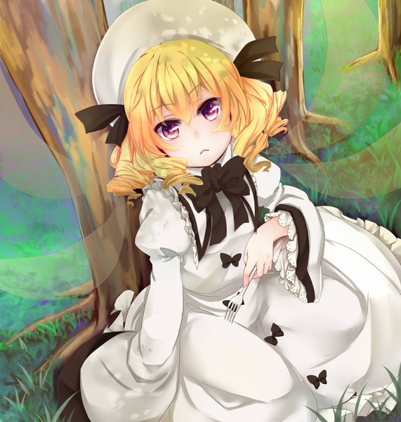 Anime picture 1904x2000 with touhou luna child rimu (kingyo origin) single tall image highres short hair blonde hair sitting yellow eyes drill hair girl dress bow plant (plants) tree (trees) grass