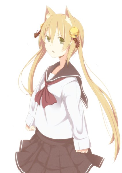 Anime picture 2893x4092 with original kokoro6636 single long hair tall image highres simple background blonde hair white background twintails green eyes animal ears girl serafuku bell