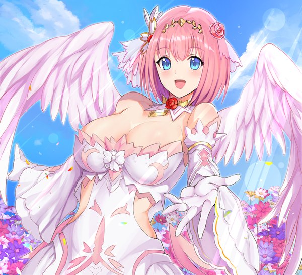 Anime picture 1560x1424 with princess connect! re:dive princess connect! yui (princess connect!) koucha maru single blush fringe short hair breasts open mouth blue eyes light erotic smile hair between eyes standing bare shoulders pink hair sky cleavage cloud (clouds)