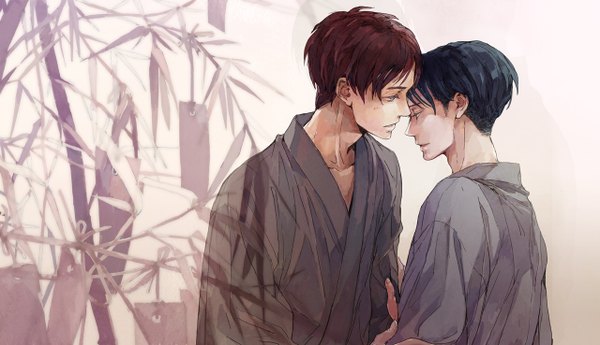 Anime picture 1280x738 with shingeki no kyojin production i.g eren yaeger levi (rivaille) nk33 short hair open mouth blue eyes brown hair wide image blue hair traditional clothes japanese clothes multiple boys face to face shounen ai tanabata boy plant (plants) kimono
