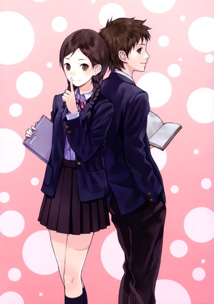 Anime picture 2451x3481 with traditional white (artbook) kishida mel tall image highres short hair smile brown hair brown eyes braid (braids) pleated skirt twin braids finger to mouth polka dot back to back polka dot background girl boy skirt uniform hair ornament