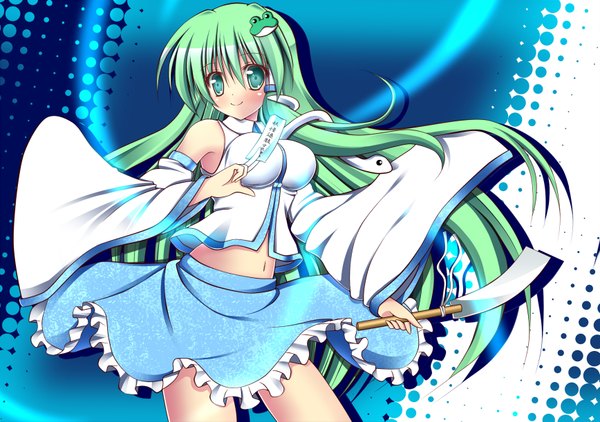 Anime picture 1736x1223 with touhou kochiya sanae noumin (artist) single long hair highres green eyes green hair girl skirt navel detached sleeves miniskirt hair tubes snake