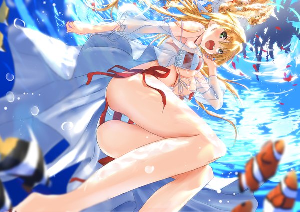 Anime picture 1700x1200 with fate (series) fate/grand order nero claudius (fate) (all) nero claudius (swimsuit caster) (fate) tsuuhan single long hair looking at viewer blush fringe breasts open mouth light erotic blonde hair hair between eyes large breasts green eyes bent knee (knees) ass :d