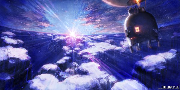 Anime picture 2000x1000 with original kazeto (pixiv) highres wide image sky cloud (clouds) sunlight flying no people landscape scenic window aircraft hot air balloons