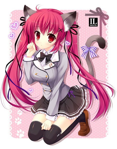 Anime picture 788x1000 with original mitha single long hair tall image red eyes twintails animal ears pink hair tail animal tail cat ears cat girl cat tail girl thighhighs skirt uniform bow ribbon (ribbons)