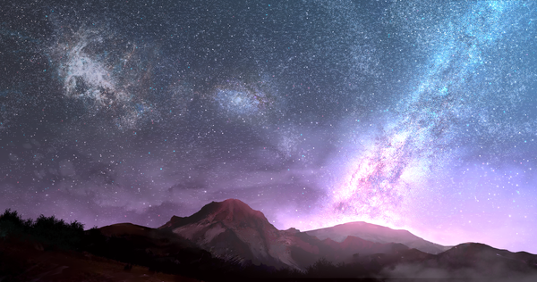 Anime picture 2048x1080 with original tsuruzen highres wide image night night sky mountain no people landscape nature milky way plant (plants) tree (trees) star (stars)