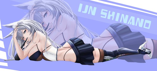 Anime picture 5400x2444 with azur lane shinano (azur lane) shinano (moonlit chrome) (azur lane) scarfpen01 single long hair looking at viewer fringe highres breasts blue eyes light erotic wide image large breasts animal ears absurdres full body ass lying parted lips
