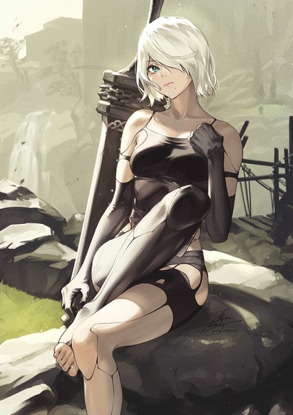 Anime picture 1061x1500 with nier nier:automata yorha type a no. 2 fadingz single tall image looking at viewer fringe short hair blue eyes light erotic sitting signed bent knee (knees) outdoors white hair head tilt arm up hair over one eye mole