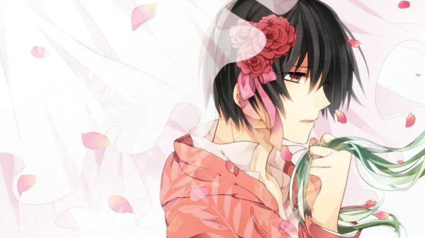 Anime picture 1280x720 with nico nico singer bis (nico nico singer) single long hair short hair black hair simple background wide image white background holding brown eyes profile hair flower green hair wind aqua hair open clothes open shirt open collar boy