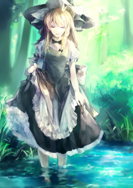 Anime picture 708x1000 with touhou kirisame marisa asuna (i luv) single long hair tall image open mouth blonde hair braid (braids) eyes closed single braid lake girl plant (plants) hat tree (trees) grass witch hat forest