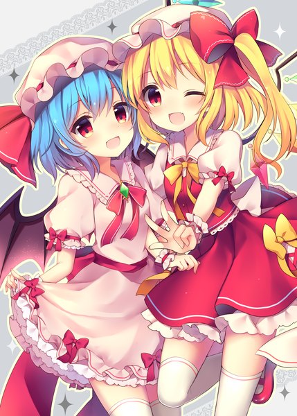 Anime picture 3331x4659 with touhou flandre scarlet ruhika tall image looking at viewer highres open mouth blonde hair smile red eyes multiple girls blue hair absurdres one eye closed short sleeves puffy sleeves one side up victory frilly skirt outline